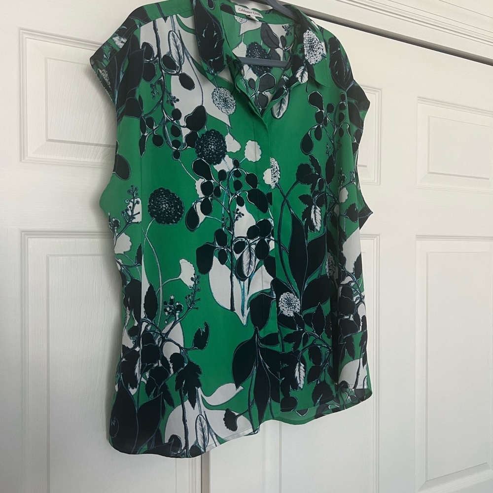 Coldwster Creek Green and Navy Floral Button Down Sleeveless Shirt. - Picture 5 of 7